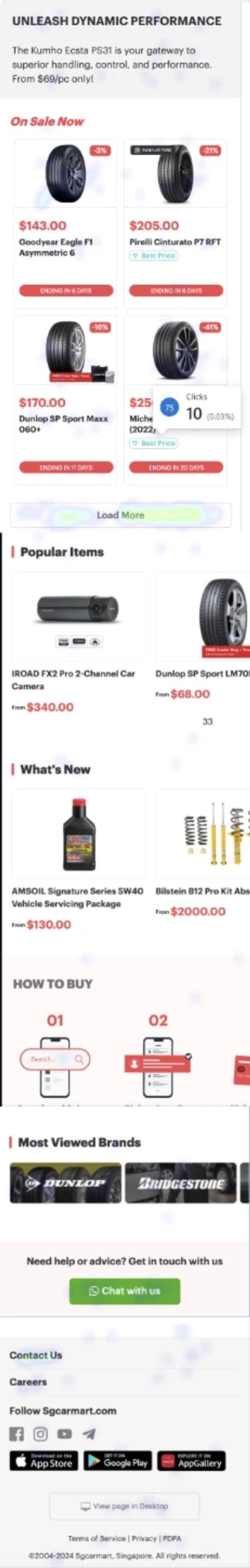 Click heatmap of the old mobile page below the first screen, with almost no activity on products, How to Buy, brands or the footer