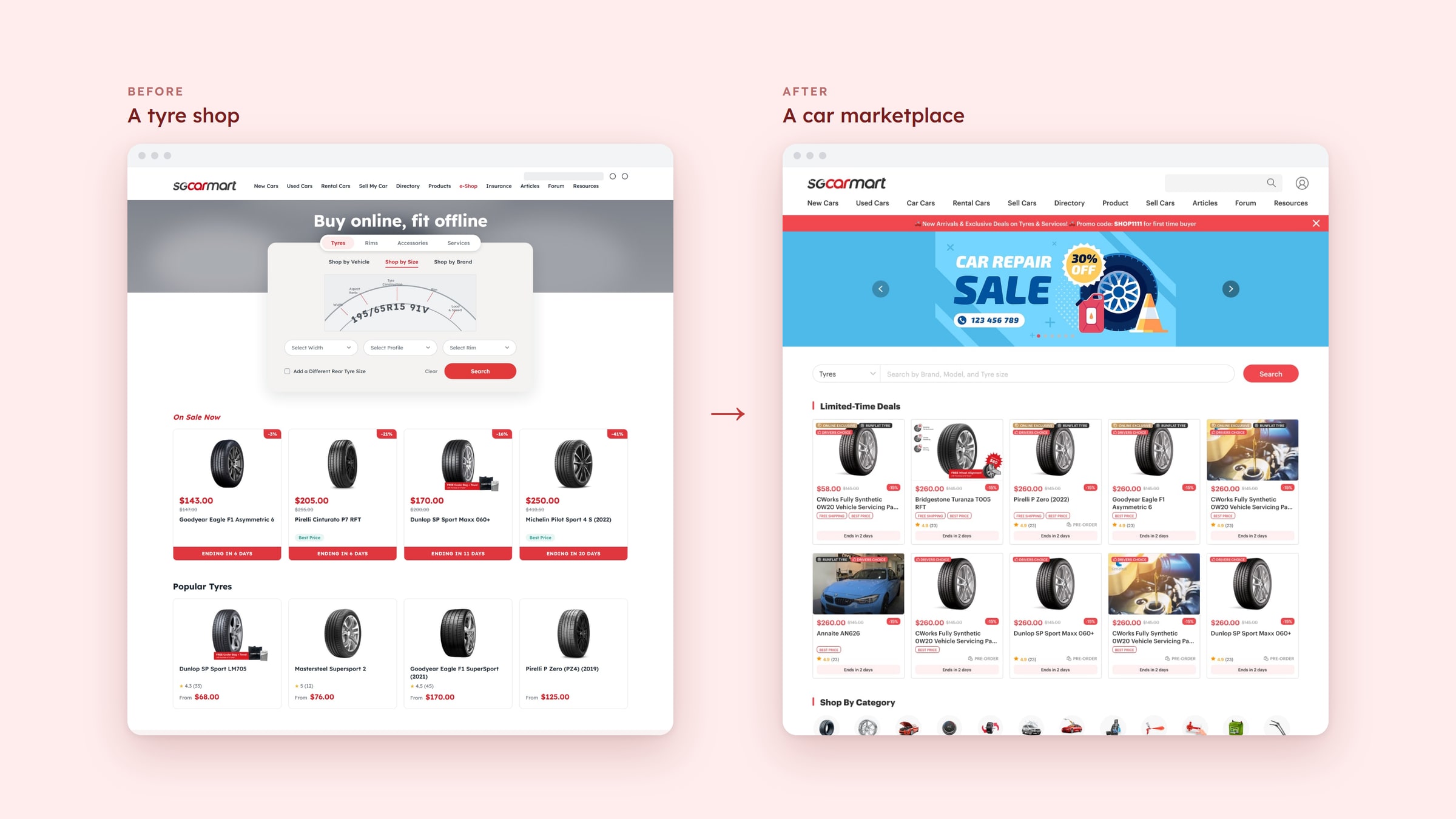 Before and after: the old tyre-focused e-Shop landing page next to the redesigned marketplace landing page