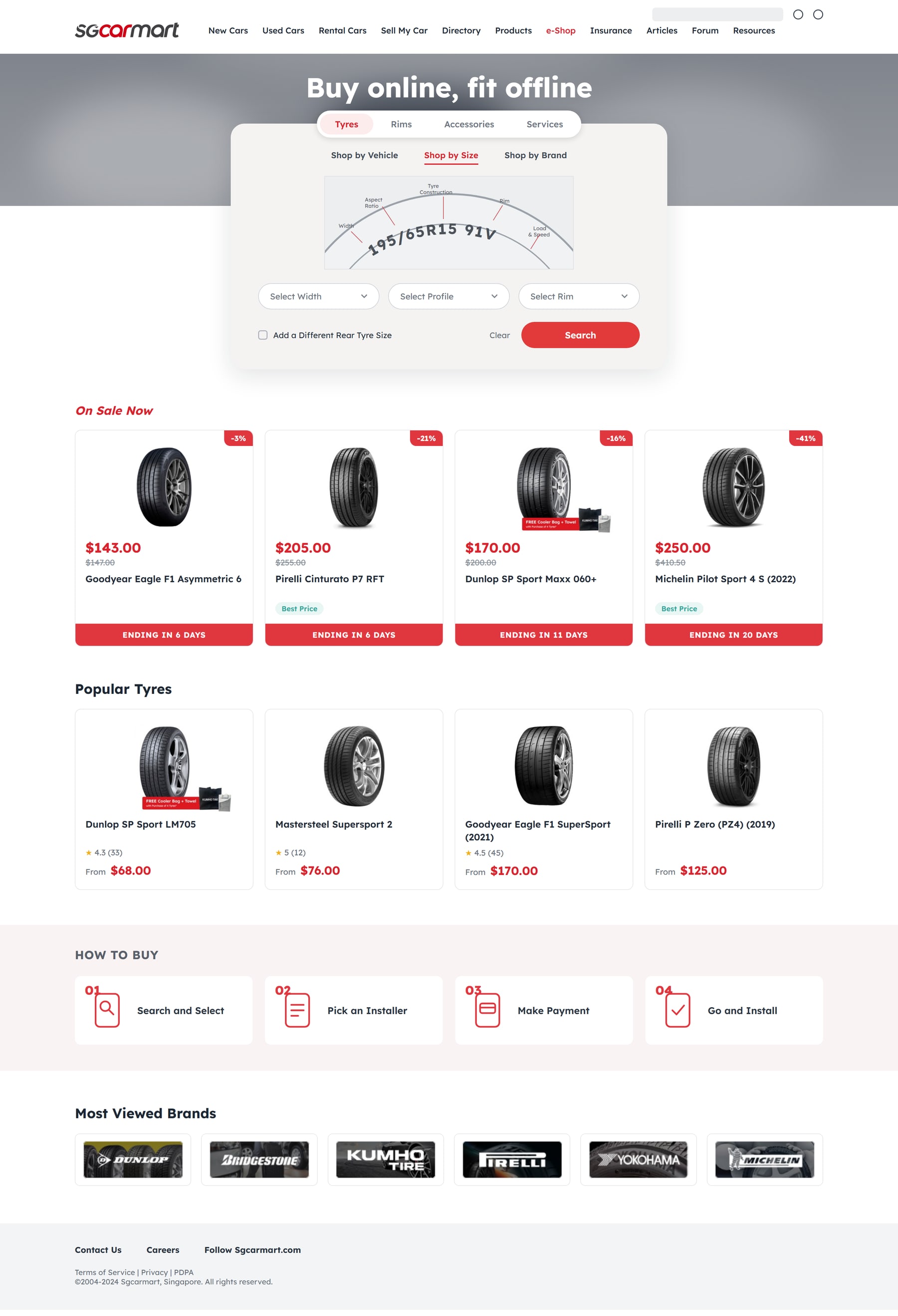 The old Sgcarmart e-Shop landing page on desktop: a tyre-size finder followed by tyre deals