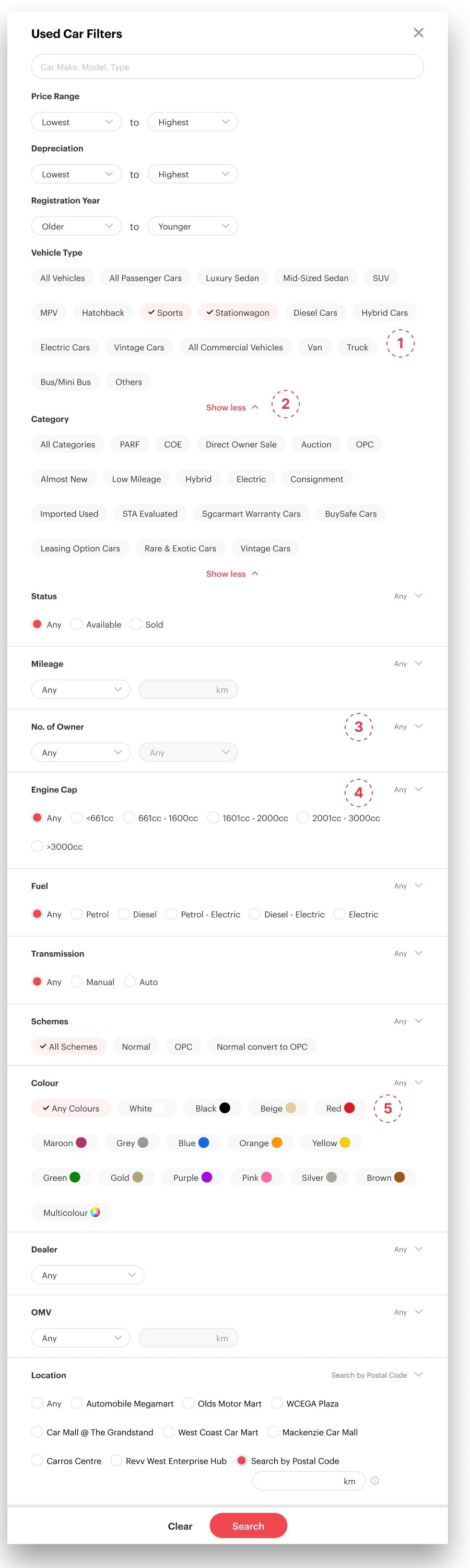 The redesigned advanced search filter on desktop, with the five changes numbered