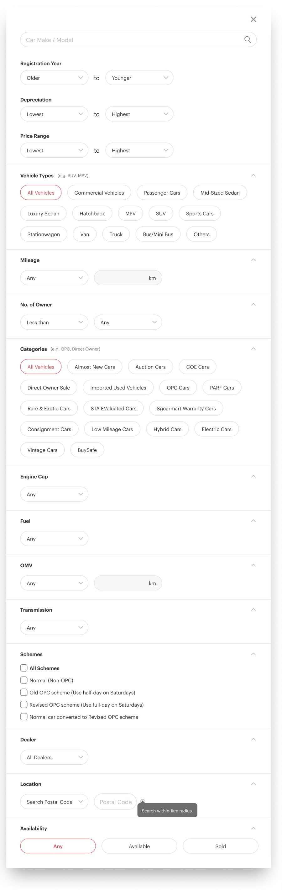 The original advanced search filter on desktop
