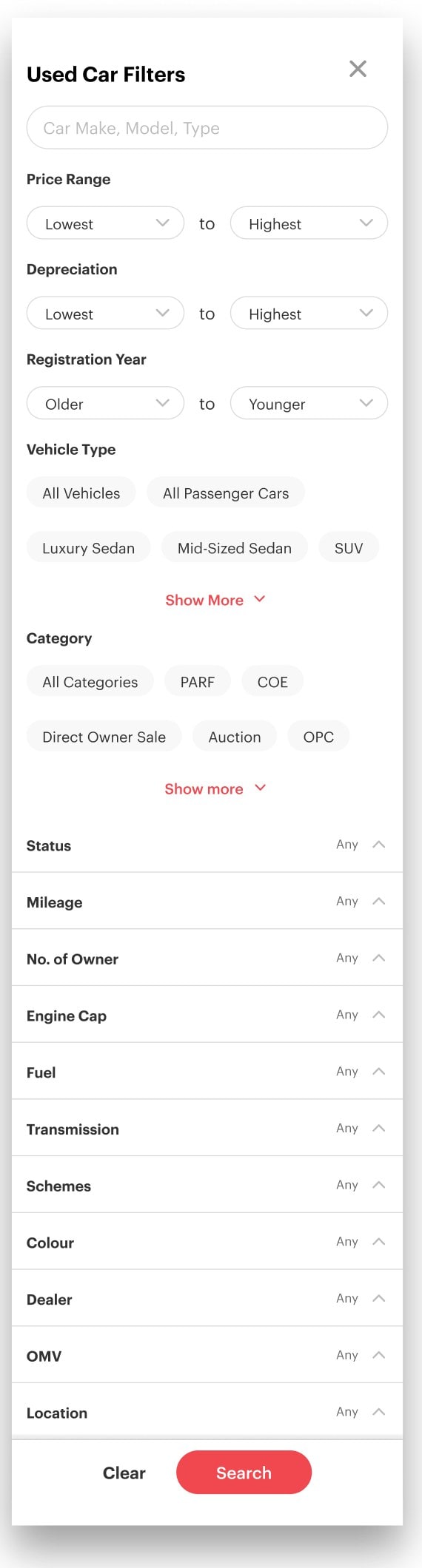 The redesigned advanced search filter on mobile, collapsed by default