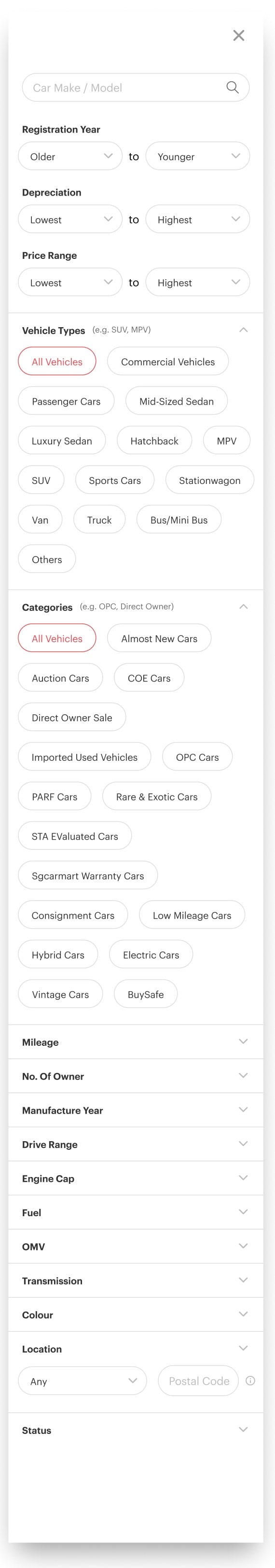 The original advanced search filter on mobile