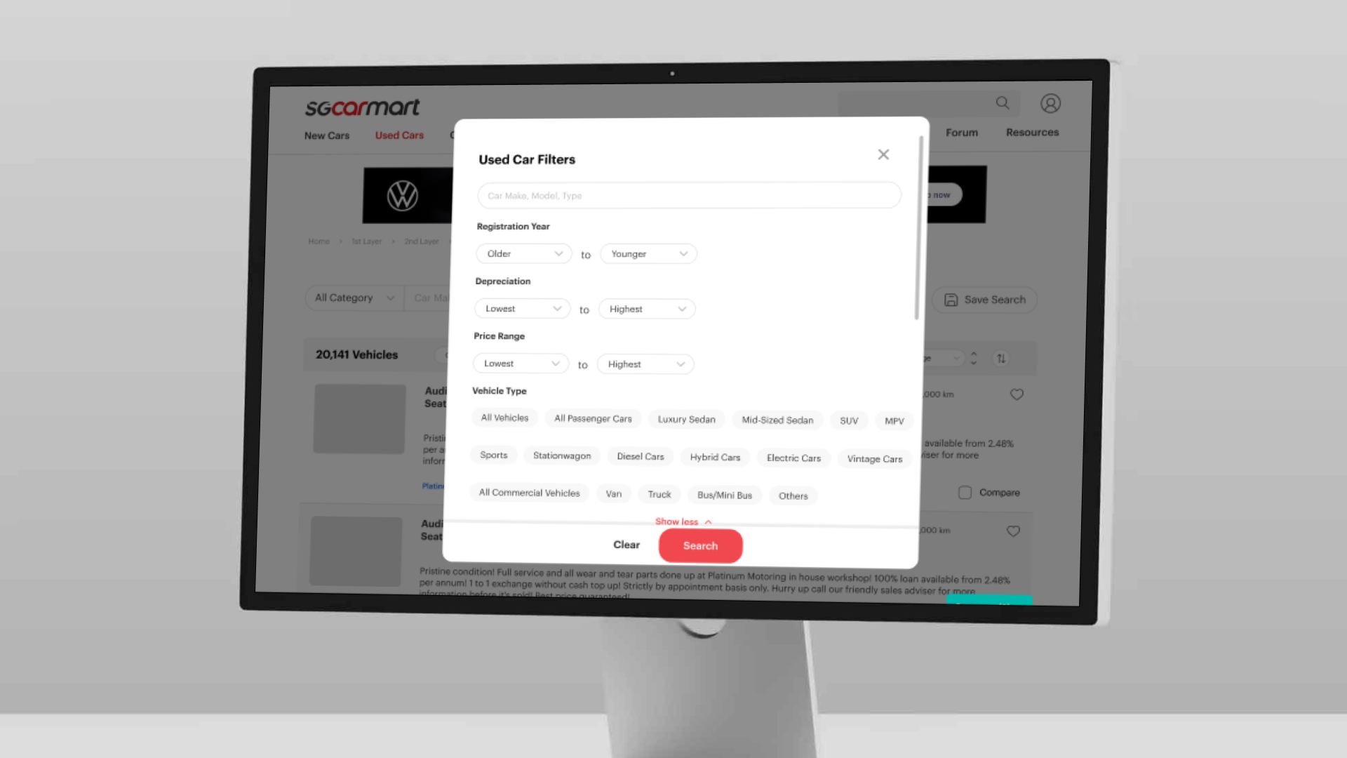 Redesigned Sgcarmart used-car advanced search filter